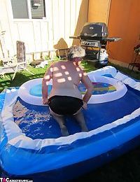 Fatty mature granny Girdle Goddess peels to enjoy wading pool skinny dip